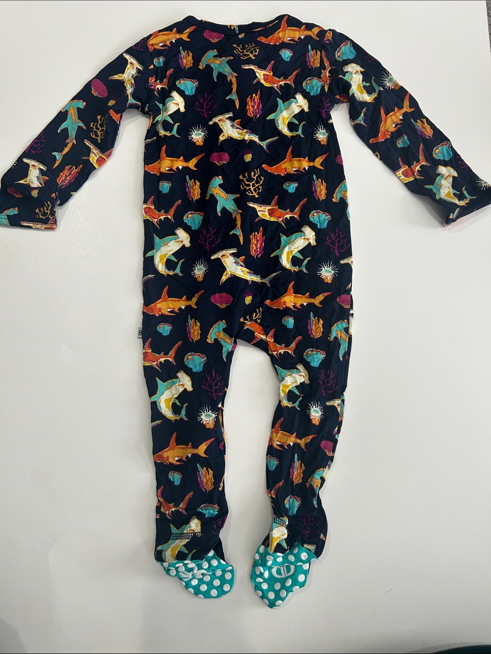 NWOT Bums N Roses Bamboo Navy Shark Print One-Piece Footed Pajamas - Picture 2 of 2